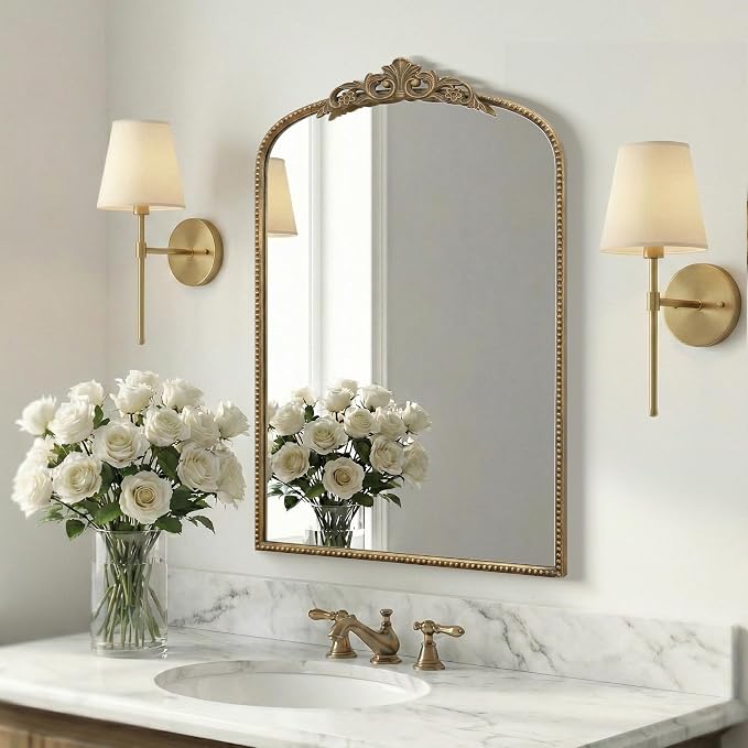 Micasso Bathroom Mirrors for Over Sink: 24"x36" Gold Vintage Arched Mirror | Traditional Ornate Baroque Decorative Antique Wall Mirror for Bedroom/Entryway/Hallway/Dresser/Vanity/Mantel/Nightstand