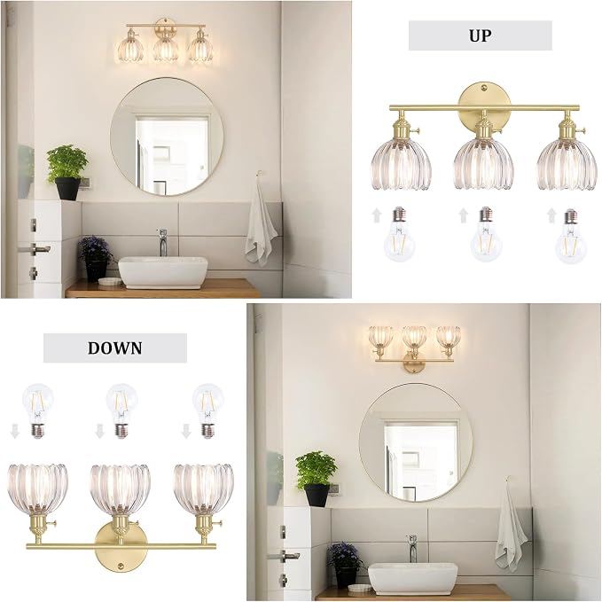 Shenmoyl Bathroom Light Fixtures, 3-Light Brass Vanity wall Light Over Mirror with Clear Tulip Glass Shade for Bedroom Living Room (Bulb Not Included)