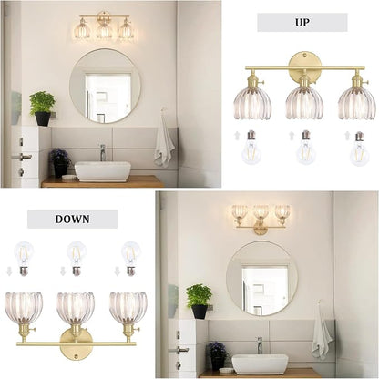 Shenmoyl Bathroom Light Fixtures, 3-Light Brass Vanity wall Light Over Mirror with Clear Tulip Glass Shade for Bedroom Living Room (Bulb Not Included)