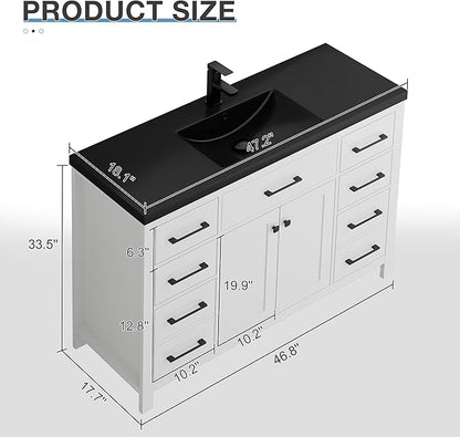 LUCKWIND 48" Modern Bathroom Vanity and Black Sink, Painted Bathroom Storage Cabinet with Single Resin Black Sink, Two Doors and Four Drawers, Include Faucet Without Mirror, White