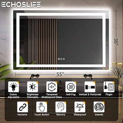EchosLife 55"x36" LED Bathroom Mirrors for Wall | Backlit + Front Lit, Anti-Fog, Stepless Dimmable, 3 Colors, Memory, Tempered Glass, UL Listed, Horizontal/Vertical