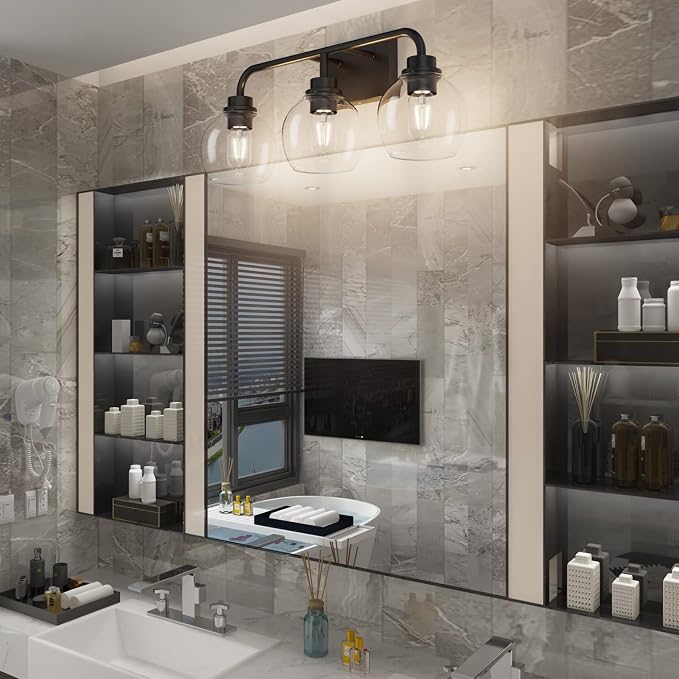 Tipace Black Industrial Bathroom Vanity Light Fixtures Over Mirror Glass Globe 3 Lights Vintage Vanity Lights Farmhouse Bath Lighting(Exclude Bulb)