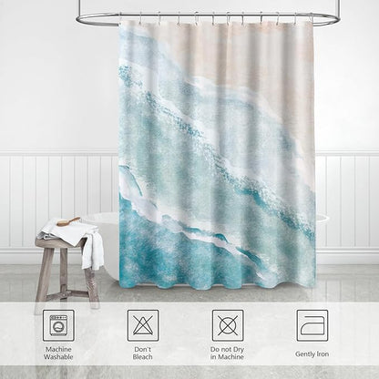 Beach Ocean Themed Shower Curtain, Teal Blue Cute Nautical Coastal Shower Curtains for Bathroom Decor, Summer Tropical Fabric Shower Curtain Set with Hooks, 72x72