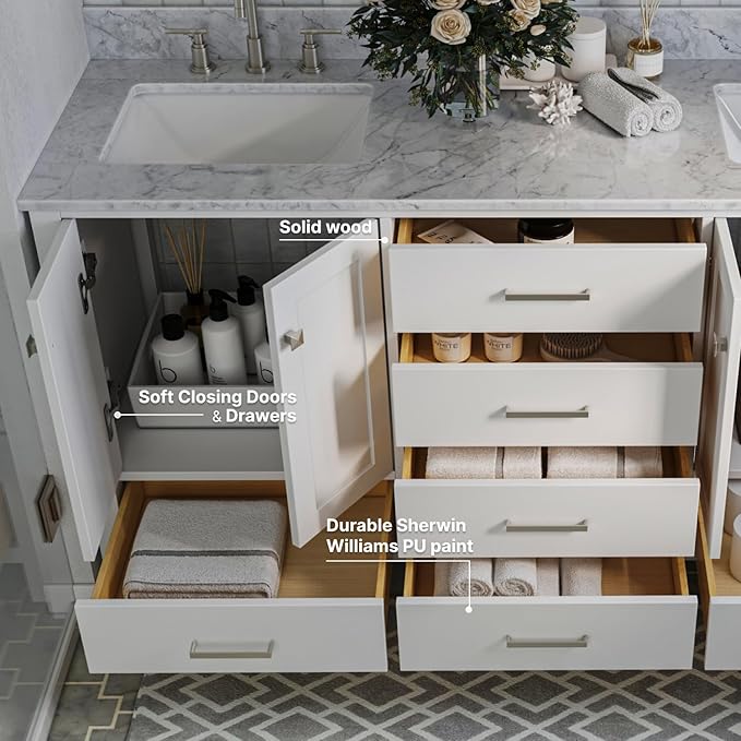 ARIEL Cambridge 66-inch Bathroom Vanity with Sink,Solid Wood, 0.75-inch Italian Carrara Marble Countertop, Double Rectangular Porcelain Sink, 4 Soft Closing Doors, 6 Dovetail Drawers, White