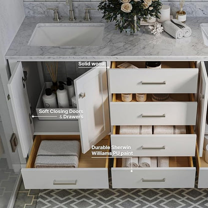 ARIEL Cambridge 66-inch Bathroom Vanity with Sink,Solid Wood, 0.75-inch Italian Carrara Marble Countertop, Double Rectangular Porcelain Sink, 4 Soft Closing Doors, 6 Dovetail Drawers, White