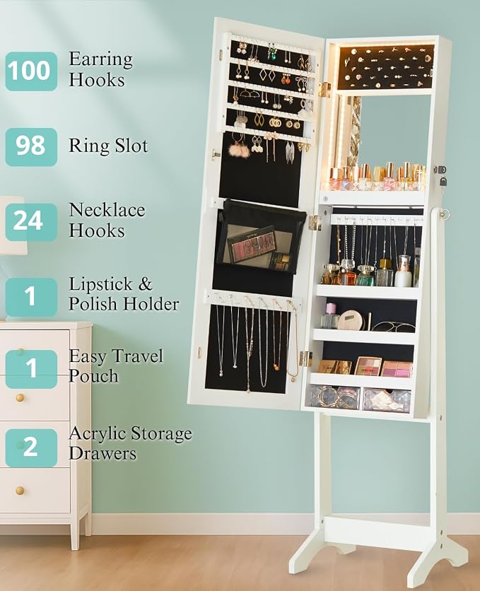 LUXFURNI Full‑Length Standing Jewelry Armoire Cabinet with Storage Mirror | Built‑in LED Makeup Mirror, 3 Tilt Angles, 48H Runtime with 6AA Batteries, Acrylic Lipstick Tray, Engineered Wood for Bedroom