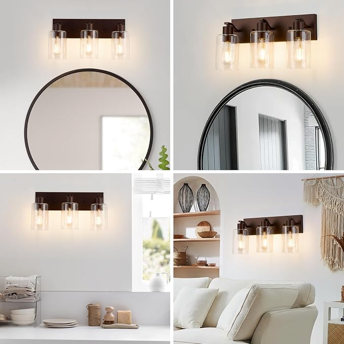 3 Lights Bathroom Light Fixtures Oil Rubbed Bronze Vanity Light with Clear Glass Shade 18in Modern Bathroom Lighting Fixtures Over Mirror for Bedroom/Living Room