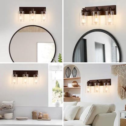 3 Lights Bathroom Light Fixtures Oil Rubbed Bronze Vanity Light with Clear Glass Shade 18in Modern Bathroom Lighting Fixtures Over Mirror for Bedroom/Living Room