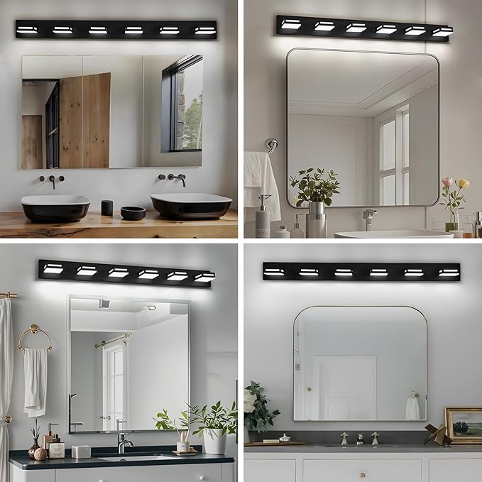LED Modern Bathroom Light Fixtures, 6-Light 48-Inch Matte Black Vanity Lights for Bathroom Lighting Fixtures Over Mirror, 350° Rotatable Acrylic, 6000K Cool White Wall Lamp