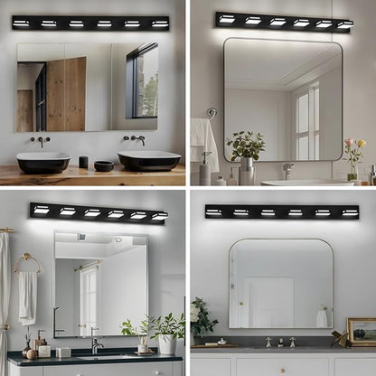 LED Modern Bathroom Light Fixtures, 6-Light 48-Inch Matte Black Vanity Lights for Bathroom Lighting Fixtures Over Mirror, 350° Rotatable Acrylic, 6000K Cool White Wall Lamp
