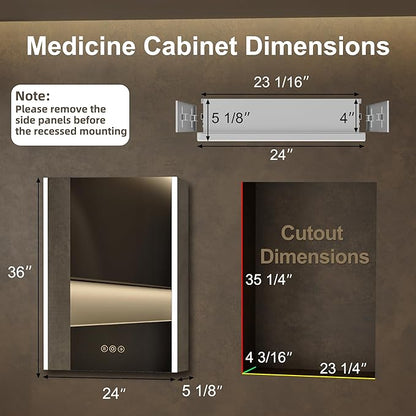 Medicine Cabinet with LED Lights and Mirror, 24 x 36 Inch Surface or Recessed Mounted Bathroom Cabinets with Door, Defogger, Memory Function, 3-Color Mode, Outlet&USB, Dimmer, Storage Shelf