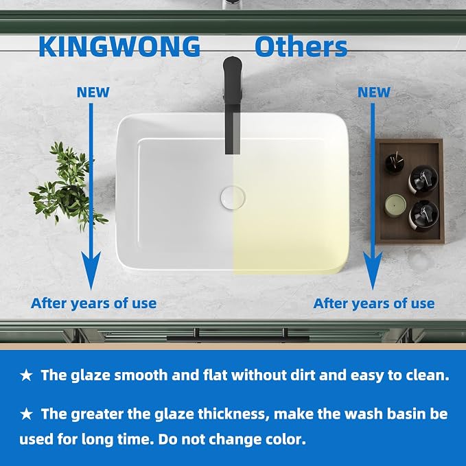 20" x 13.5" Rectangular Vessel Sink for Bathroom - KINGWONG Above Counter White Ceramic Porcelain Vanity Sink, Shallow Depth 4.3", No Overflow Hole, Top Mount Bathroom Basin for Modern Home