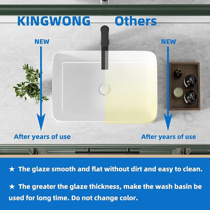 20" x 13.5" Rectangular Vessel Sink for Bathroom - KINGWONG Above Counter White Ceramic Porcelain Vanity Sink, Shallow Depth 4.3", No Overflow Hole, Top Mount Bathroom Basin for Modern Home