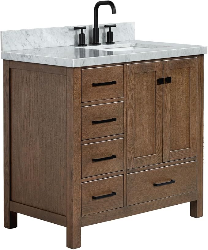 ARIEL Cambridge 36-inch Bathroom Vanity with Sink,Solid Wood, 1.5-inch Italian Carrara Marble Countertop, Single Rectangular Porcelain Sink, 2 Soft Closing Doors, 5 Dovetail Drawers, Brown Oak