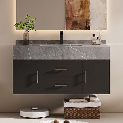 39.3" Floating Bathroom Vanity with Undermount Sink – Black Walnut & Gold, Sintered Stone Countertop, Soft-Close Drawers, Space-Saving Wall-Mount Design Ideal for Modern Bathrooms