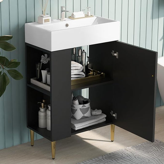 Merax 21.6 Inch Modern Bathroom Vanity with Sink, Undermount Ceramic Sink Vanity Set with Storage, Freestanding Bathroom Cabinet for Small Space, Black