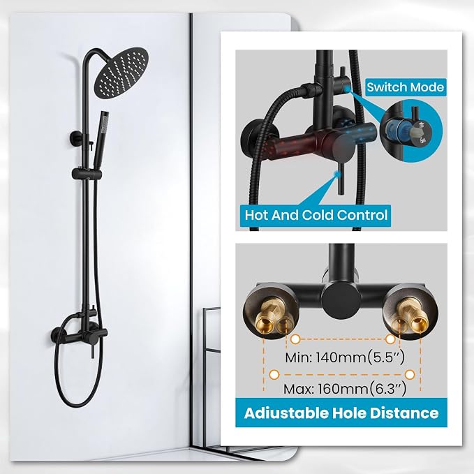 gotonovo 304 Stainless Steel Outdoor Shower Fixtures Exposed,Matte Black | 8 Inch Rain Showerhead with Handheld Sprayer Outdoor Outside Shower Kit System Faucet Head Valve Wall Mount for Pool Backyard