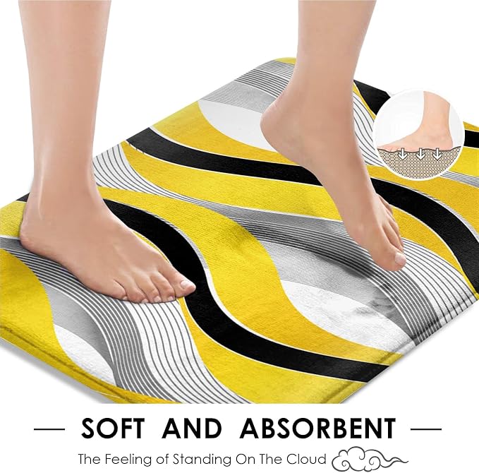 Bathroom Sets with Shower Curtain and Rugs, 4 Pcs Geometric Yellow | Striped Modern Grey Bathroom Decor Set with Toilet Lid Cover, Non-Slip Bath Mats and Accessories 12 Hooks