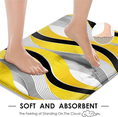 Bathroom Sets with Shower Curtain and Rugs, 4 Pcs Geometric Yellow | Striped Modern Grey Bathroom Decor Set with Toilet Lid Cover, Non-Slip Bath Mats and Accessories 12 Hooks