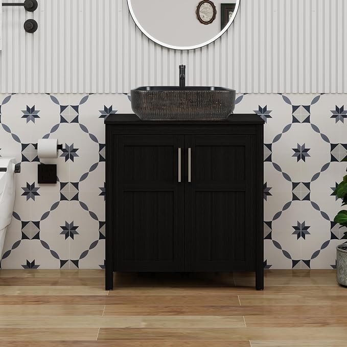 YOURLITE 30" Bathroom Vanity with Sink, Black Bathroom Vanity and Sink Combo with Faucet & Pop Up Drain Set,Traditional Vanity with with Black & Gold Ceramic Sink