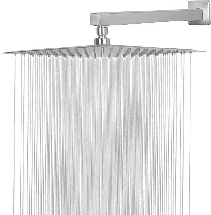 Shower Head with Extension Arm, High Pressure Square with ShowerArm, Stainless Steel Rainfall-Waterfall Full Body Coverage (12'' Shower with 16'' Arm, Brushed Nickel)