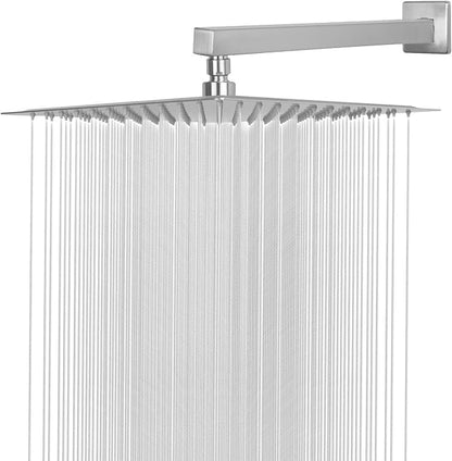 Shower Head with Extension Arm, High Pressure Square with ShowerArm, Stainless Steel Rainfall-Waterfall Full Body Coverage (12'' Shower with 16'' Arm, Brushed Nickel)