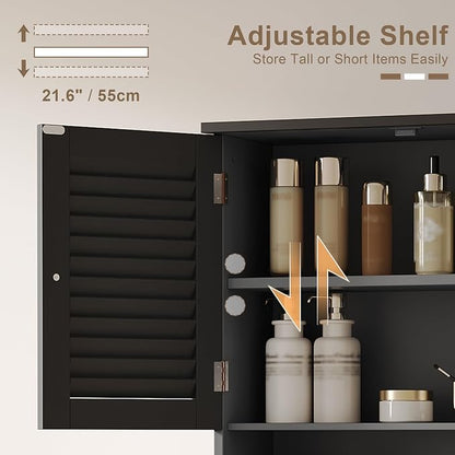 ChooChoo Bathroom Wall Cabinet with Towel Bar and Ample Storage | 23.6"L x 7.9"W x 27.5"H MDF Medicine Cabinet, Over The Toilet Space Saver Storage Cabinet with Adjustable Shelf, Black