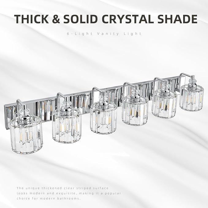 6-Light Modern Bathroom Light Fixture Chrome Bathroom Vanity Lights Over Mirror Wall Sconce Lighting with K9 Crystal Shades E26 Base for Bedroom, Living Room, Hallway Wall Lamp