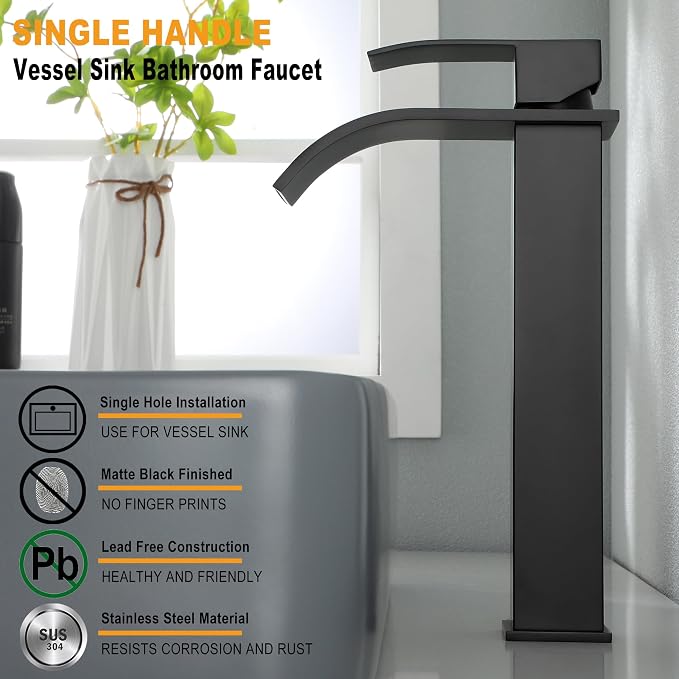 Waterfall Faucet for Bathroom Sink, JXMMP Black Bathroom Faucet Single Hole with Supply Hose and Pop Up Stopper, Single Handle Waterfall Bathroom Sink Faucet, Lavatory Faucet Bathroom, JXM1221BK