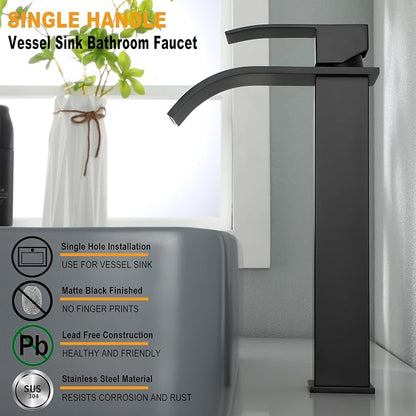 Waterfall Faucet for Bathroom Sink, JXMMP Black Bathroom Faucet Single Hole with Supply Hose and Pop Up Stopper, Single Handle Waterfall Bathroom Sink Faucet, Lavatory Faucet Bathroom, JXM1221BK