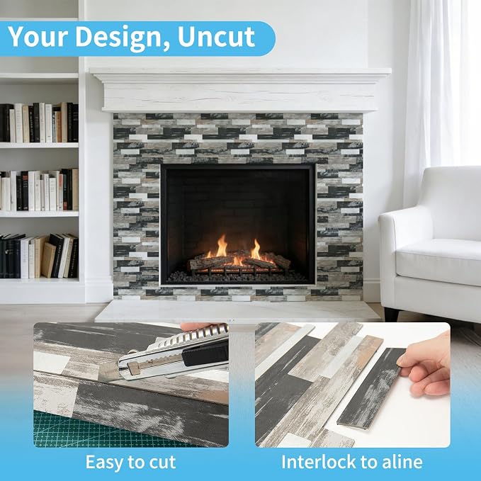 Art3d Faux Stone Peel & Stick Backsplash Tile, 10 pcs, Distressed Wood | PVC, Multi-Style Decor Sheets, Waterproof, Traceless Peel, No Wall Damage, Ideal for Kitchen