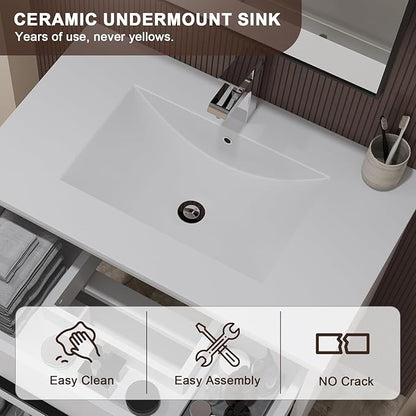 30 inch Floating Bathroom Vanity with Sink, Space Saving Fluted Design for Small Bathrooms, Soft Closing Drawers & Black Handles White