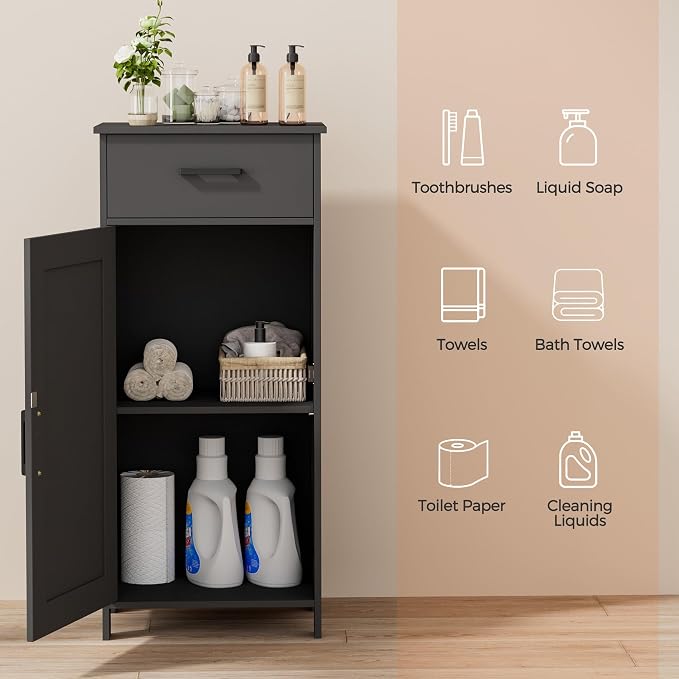 Homhedy Bathroom Storage Cabinet with Drawer & Adjustable Shelf | Freestanding Storage Cabinet for Bathroom, Entryway, Living Room & Kitchen, Black, 15.7"W