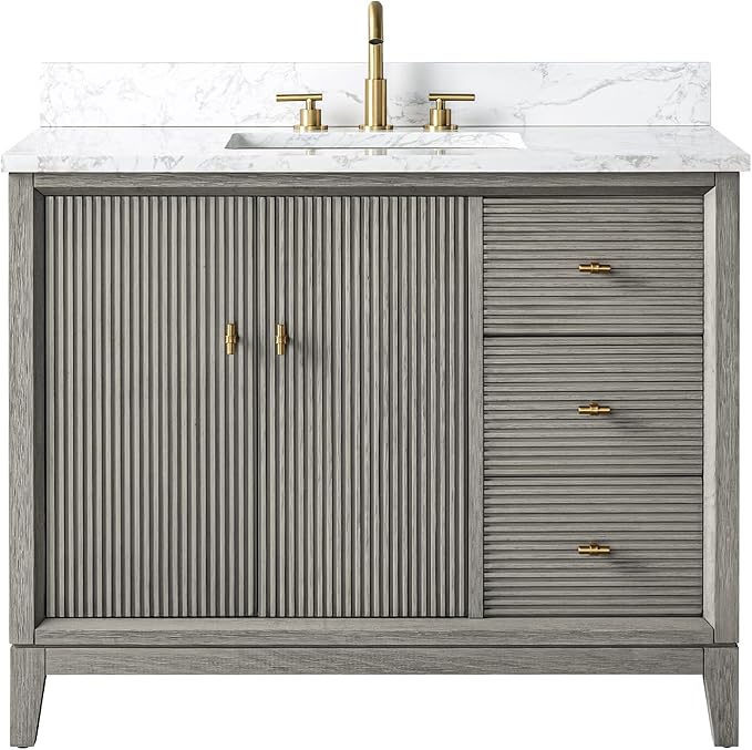 Vanity Art 42" Bathroom Vanity with Single Sink & Arabescato White Engineered Stone Top, Vanity Cabinet with Soft Closing Door, Solid Wood Frame, Golden Brushed Handles, Driftwood Gray VA8142-DG-GB