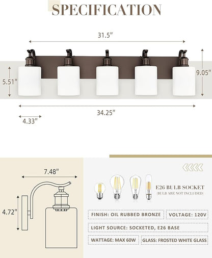 5 Light Bathroom Vanity Light, Morden Vanity Lighting Fixtures Over Mirror Oil Rubbed Bronze Bathroom Wall Sconce with Milky White Frosted Shade ZCVL01ORBW-5