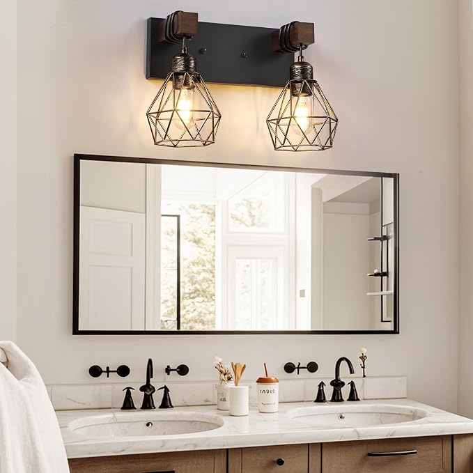 VbiTmn Black Gold Bathroom Light Fixtures, 2-Light Farmhouse Vanity Light | Metal Diamond Shade, Rustic Wall Mount Over Mirror for Bedroom & Hallway, Easy to Install, Sturdy Build for Bathroom Use