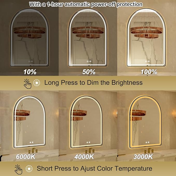 22x32 Arched Black LED Mirror for Bathroom with Frontlit & Backlit, Arch Wall Mounted Mirror for Bathroom with Anti-Fog, Dimmable Adjustable, 3 Colors, Black Framed Smart LED Light Up Mirrors