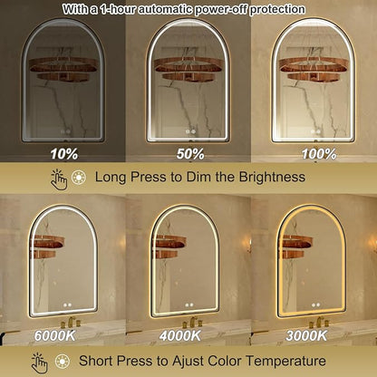 22x32 Arched Black LED Mirror for Bathroom with Frontlit & Backlit, Arch Wall Mounted Mirror for Bathroom with Anti-Fog, Dimmable Adjustable, 3 Colors, Black Framed Smart LED Light Up Mirrors