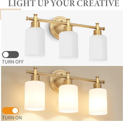 3 Light Brushed Gold Bathroom Vanity Light Fixture Over Mirror, 17.5 Inch | Modern Gold Vanity Light Fixtures with White Glass Shade, Wall Sconce for Bathroom, Bedroom, Hallway, Living Room, E26 Socket