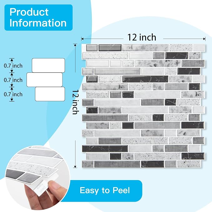 Art3d Linear Design Tile Peel and Stick Backsplash, 10-Sheet, Carrara Grey | 12 x 12 Inch, Enhanced Thickness, Warp Resistant, Strong Adhesion, Sturdy, for Kitchen, Bedroom, Ideal for Home Improvement