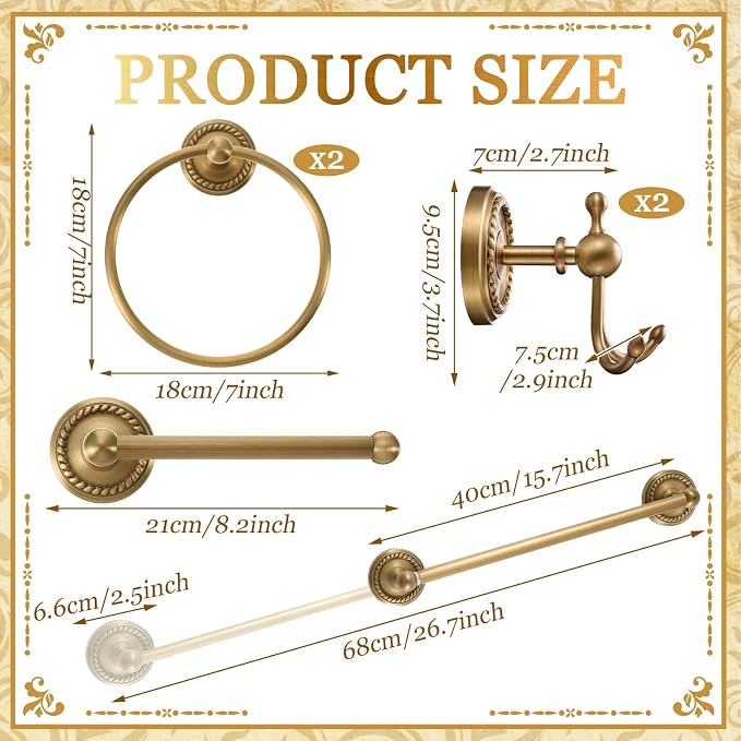 6 Pcs Antique Brass Gold Bathroom Accessories Set 15.7"-26.7" Solid Brass Towel Bar, Towel Ring, Toilet Paper Holder, Robe Hook, Wall Mounted Vintage Bath Hardware Fixture Set