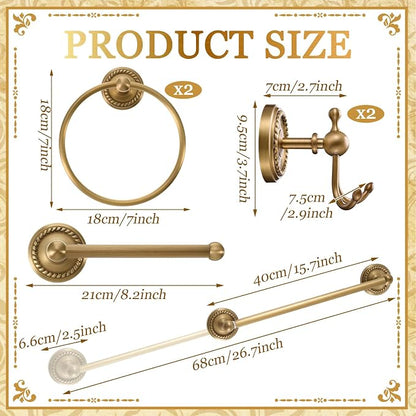 6 Pcs Antique Brass Gold Bathroom Accessories Set 15.7"-26.7" Solid Brass Towel Bar, Towel Ring, Toilet Paper Holder, Robe Hook, Wall Mounted Vintage Bath Hardware Fixture Set