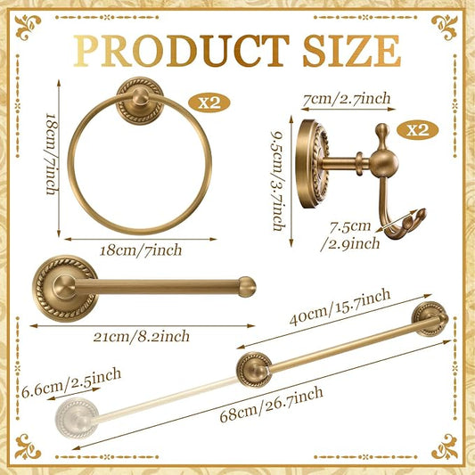 6 Pcs Antique Brass Gold Bathroom Accessories Set 15.7"-26.7" Solid Brass Towel Bar, Towel Ring, Toilet Paper Holder, Robe Hook, Wall Mounted Vintage Bath Hardware Fixture Set