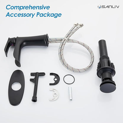 Black Waterfall Bathroom Faucet, Sanliv Single Handle Bathroom Faucets for Sinks 1 or 3 Hole (4 inch) Hotel Vanity Faucet with Deckplate & Pop-Up Drain, Matte Black