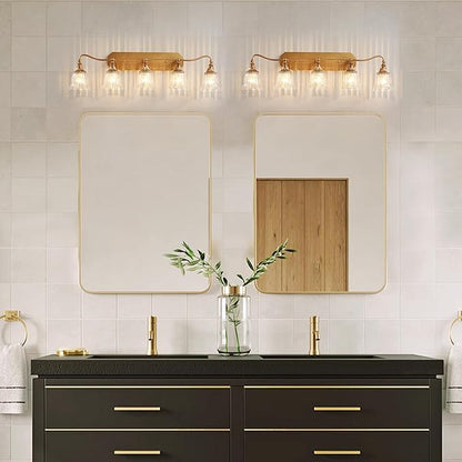 Bathroom Vanity Gold Light Fixture, 5 Lights Bathroom Lighting Matte Antique Brass Finish with Crystal Glass Shade, Gold Vintage Vanity Light for Bathrooms