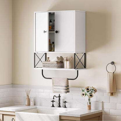 Bathroom Wall Cabinet with 2 Door and Adjustable Shelf, Farmhouse Medicine Cabinet with Towel Rack, 3-Tier Wall Mounted Storage Cabinet Over The Toilet for Bathroom, 18.9" L, White