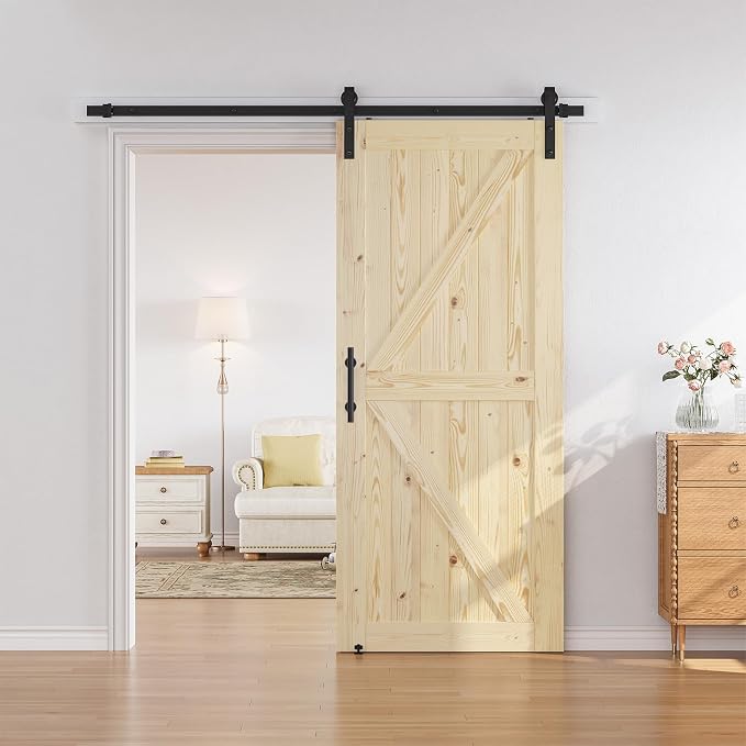 SMARTSTANDARD 38in x 84in Sliding Barn Door with 6.6ft Barn Door Hardware Kit Included, Unfinished Solid Spruce Wood Door, Assembly Required, DIY, Stainable, Natural | Unfinished Solid Spruce Wood Door, Assembly Required, DIY, Stainable, Natural