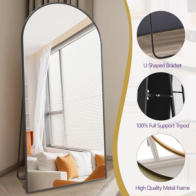Dewfig Arched Full Length Mirror, 71"x30" Large Floor Mirror, Black | Aluminum Alloy Frame Full Body Mirror, HD Shatterproof Tempered Glass, Lean/Stand/Wall for Living Room,Bedroom, Dressing Room