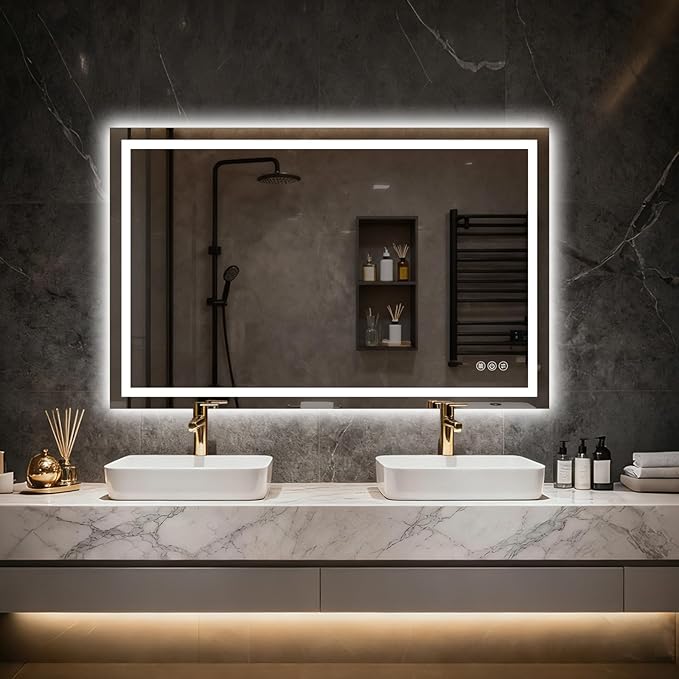 55"x 36" LED Bathroom Mirror with Lights, Backlit & Front Lit, Stepless Dimmable, Anti-Fog, 3 Colors, Lighted Bathroom Vanity Mirror for Wall, Tempered Glass, Memory Function, ETL Listed