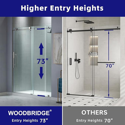 WOODBRIDGE Frameless Sliding Shower Door,44"-48" Width, 76" Height, 3/8" (10 mm) Clear Tempered Glass, Finish, Designed for Smooth Door Closing. Chrome